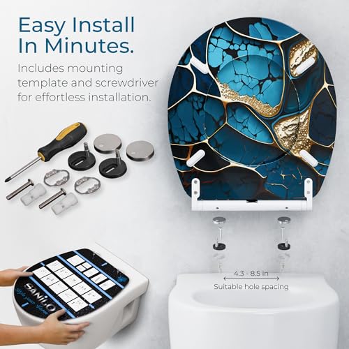 Image of Sanilo Wooden Toilet Seat with Quick Release & Soft Close [ROUND] - Decorative & Slow Close Molded Wood Seat - With One Click for Easy Installation & Cleaning - With Adjustable Fit (Marble Cobalt)