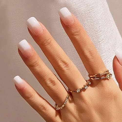 ANDGING Milky White Ombre Press on Nails Short Medium Square, Fake Nails for Women, Full Cover Gel Nails Press on False Nails, Reusable Glue on Nails, Stick on Nails for Christmas Wedding 24Pcs