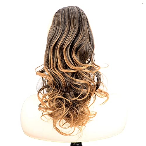 BOBIYA 13 Inches Claw Clip in Loose Curly Synthetic Wrap Around Ponytail Extensions Pony Tail Clip In Extensions (Dark Brown to Medium Brown)