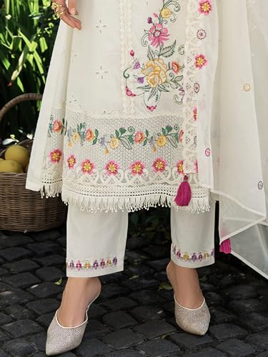 Image of INDO ERA Women's Straight Pure Cotton Floral Embroidered Kurta & Pant with Dupatta Set (IEOUT11423)