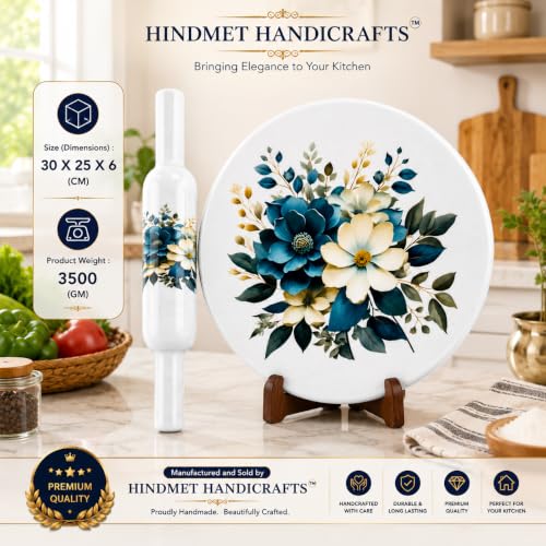 Image of Modern Floral Design Marble Chakla Wooden Belan | Printed 10 Inch Enamel Roti Maker with Belan | Heavy Duty Non-Slip Chakla for Roti, Chapati, Paratha |Kitchen Rolling Board (1 Set) (6.Blue Rose)