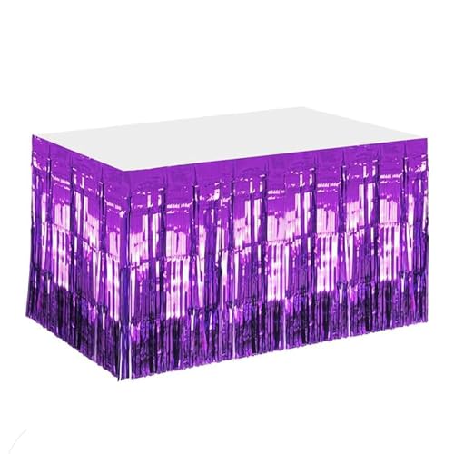 1 PC Purple Metallic Foil Fringe Table Skirts, 108" × 29" Parade Float Decorations, Mardi Gras Party Table Skirt, Plastic Table Skirt for Classroom, Birthday Christmas Halloween Party Decoration