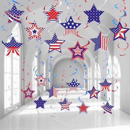 Image of Marspark 50 Pack Patriotic Foil Hanging Swirl 4th of July Office Decoration Red White and Blue Decor American Flag Star Ceiling Hanging Decor for 250th Aniversary Independence Day Home(Star Style)
