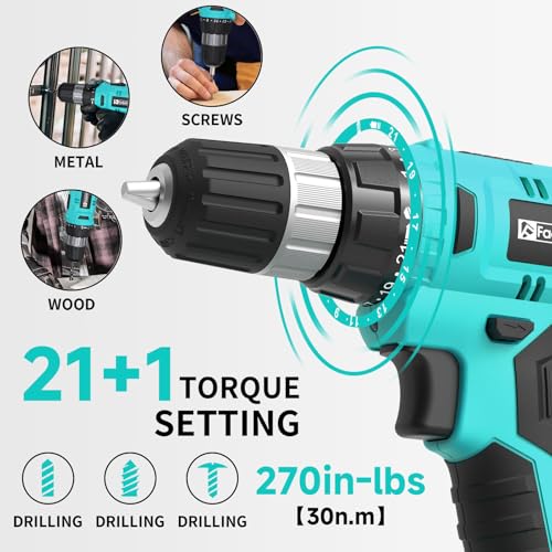 Image of FADAKWALT Cordless Drill Set, 20V Electric Power Drill With Battery And Charger, 30N Torque, 21+1 Settings, 3 /8-Inch Keyless Chuck, Driver Bits Kit, LED Light (Turquoise)