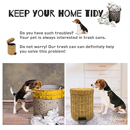 Wicker Trash Can With Lid Bathroom, Rattan Step Trash Can For Kitchen Home, Silent Closure Garbage Can Removable Liner Bucket Wastebasket-1.3 Gallon(5L) #TOP2