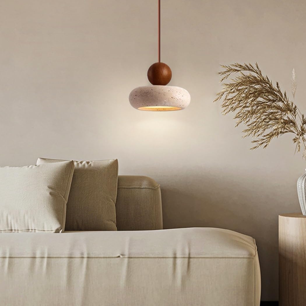 LED Lámpara Colgante De Travertino Amarillo Estilo Wabi-Sabi Bola Redonda Madera Luz Colgante De Piedra Natural Lámpara De Araña Pequeña Para Dormitorio Noche Sala De Estar Comedor Bar Cafetería(B)