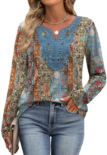 Image of XIEERDUO Boho Tops for Women Blouses Dressy Casual V Neck Long Sleeve Shirts Fall Outfits Trendy Vacation Clothes