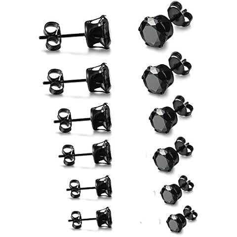 Stainless Steel Mens Womens Stud Earrings Black Round Cubic Zirconia Inlaid Pierced Hypoallergenic 3-8mm Cover