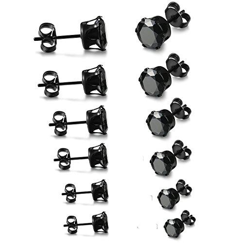 Stainless Steel Mens Womens Stud Earrings Black Round Cubic Zirconia Inlaid Pierced Hypoallergenic 3-8mm