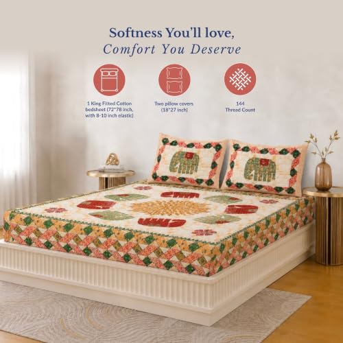 Image of Jaipur Weaves Bedsheet King Size 100% Pure Cotton Bed Sheet with 2 Pillow Covers, 144 TC Premium Bedding Set, 72x78 inches,(Royal Elephants Green, Super King Fitted)