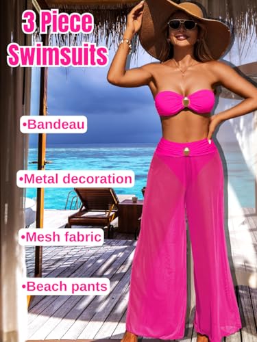 Women 3 Piece Sexy Swimsuit, Bandeau Strapless Bikini Set, Color Block High Waisted Bathing Suit Cover Up Pants Beach2