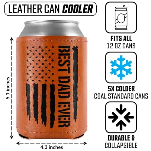 Funny Gifts for Dad, Men, Husband, Granpa - Leather Can Cooler Sleeves Holder 12Oz - Cool Dad Birthday Gifts, Men Birthday Gifts Ideas, American Flag Dad Gifts from Daughter Son