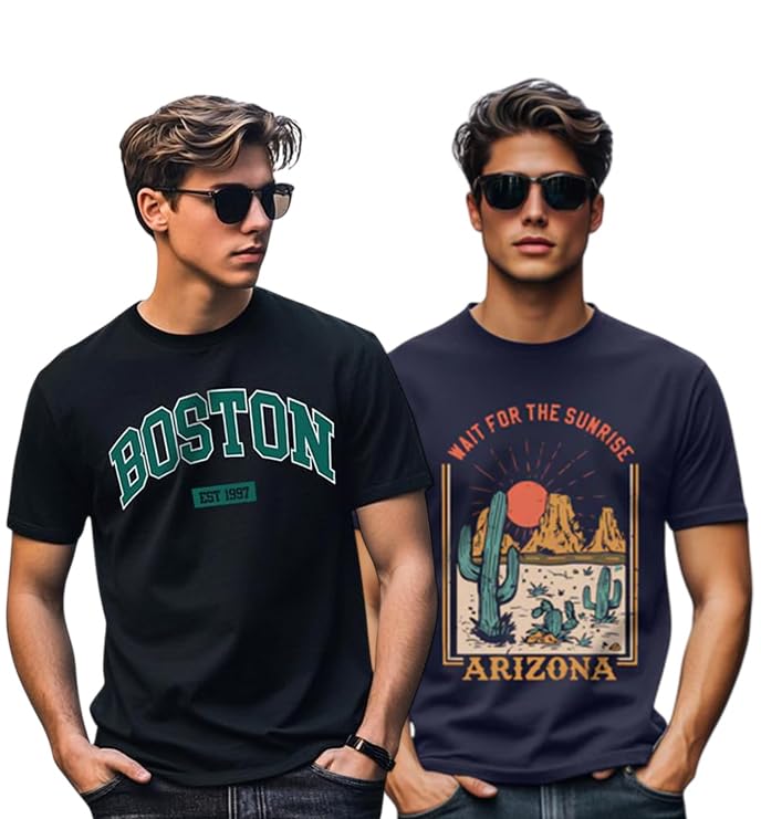 Image of Veirdo 100% Pure Cotton Regular Fit Cool & Trendy Front Printed Half Sleeve T-Shirt Combo for Men (Available Colors: Black, Navy, Swanwhite, White & Green)