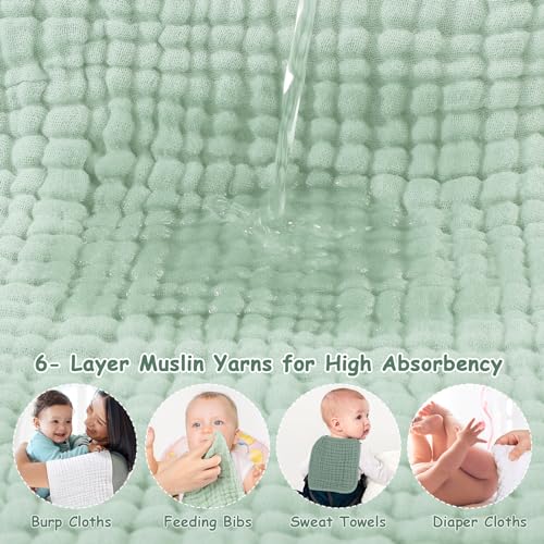 Image of Looxii Muslin Burp Cloths 100% Cotton Muslin Cloths Large 20''x10'' Extra Soft and Absorbent 6 Pack Baby Burping Cloth for Boys and Girls White+Green