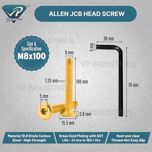 Image of By inchVP INDUSTRIES inch (Pcs-15) M8x100 mm Allen JCB Flat Head Screw Brass Gold Plated High Tensile | Allen key Head Screw for Modular Furniture, Wooden Work, Electrical Fittings, DIY & Industrial Use