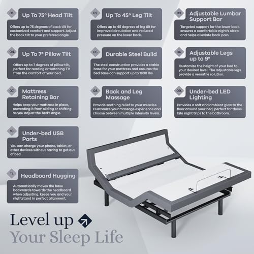 Image of Sven & Son Platinum Adjustable Bed Base Frame Only, Head and Foot Lift, Lumbar Support, Head-Pillow-Tilt, Massage, Under-Bed Lights, USB - Queen
