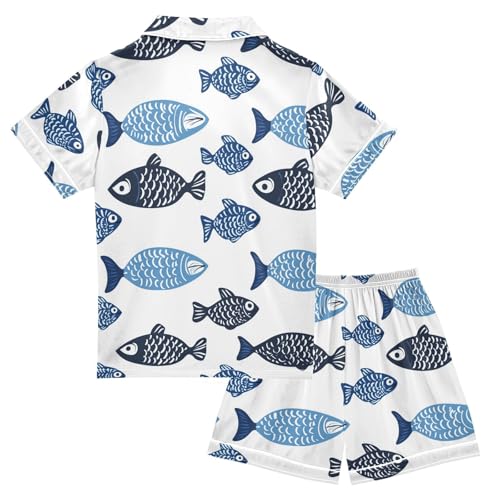 Satin Pajama Sets Short Sleeve Blue Fish Pattern Print Button Down Silky Nightwear 2 Piece PJS 5-14Y2