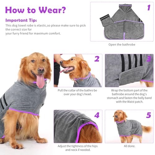 Euakee Hundebademantel, Dry Fast Dog Robes Mantel Super saugfähig, Verstellbarer Kragen & Bauchgurt Schnell trocknender Mantel Haustier Hund Katze Bademantel Handtuch, Grau (2XL)