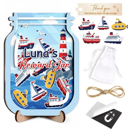 Image of Personalized Nautical Magnetic Reward Jar for Kids, Classroom Rewards Jar, Wooden Positive Behavior System with Boat Tokens, Potty Training Reward Jars for Toddler, Back to School, Classroom Decor