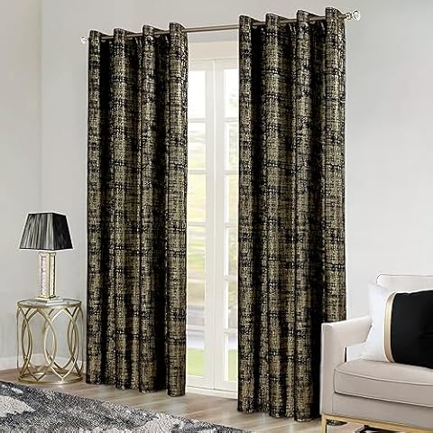 SHINELAND Black Curtains for Living Room 108 Inches Long,Blackout Gold Pattern Velvet Contemporary Elegant Glow in The Dark 9ft Ceiling to Floor Length Curtains Cover