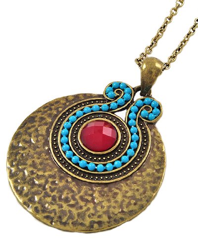 Red Acrylic & Turquoise Color-Coated Metal Pendant Necklace in Antique Gold Tone