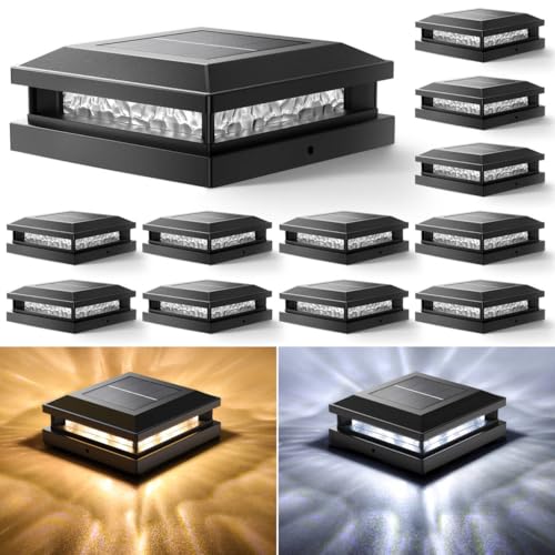Solar Post Cap Lights 12 Pack, Upgraded Outdoor Fence Post Solar Lights for 4x4 4.5x4.5 5x5 Vinyl/Wood Posts, Black Deck Posts Cap Light Solar Powered with Warm White/Cool White for Garden Patio Porch