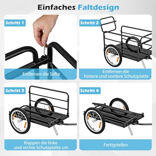 COSTWAY Fahrradanhänger, Lastenanhänger Klappbar mit Abdeckung & Kuppler & Reflektoren, Transportanhänger 60KG für Camping, Einkaufen, Umzug