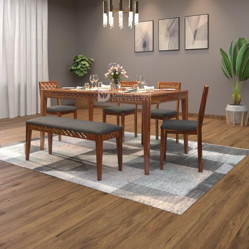 Image of DRIFTINGWOOD Maharaja Sheesham Wood Dining Table 6 Seater | Wooden Six Seater Dinning Table with Grey Cushion Chairs & Bench | Dinner Table 6 Seater | Dining Room Sets | Self Assembly, Natural Finish