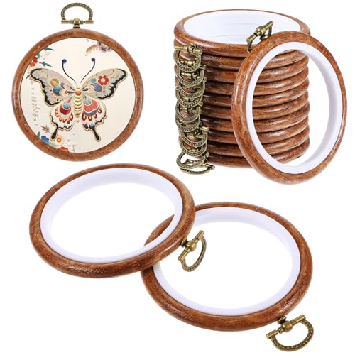 Image of 10 Pcs Round Embroidery Hoops Frame, Adjustable Circle Embroidery Hoop Ring, Circle Rubber Hoops Ring Display Ornament Imitated Wood Frame Kits for Craft Sewing DIY Hanging Gifts
