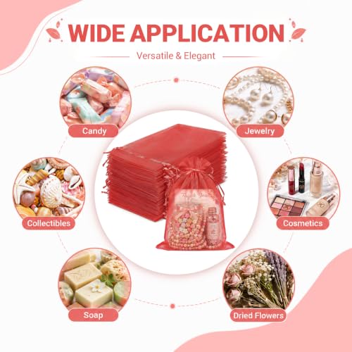 Image of FUNFERY 100PCS Red Organza Gift Bags 5x7in,Drawstring Pouch for Jewelry