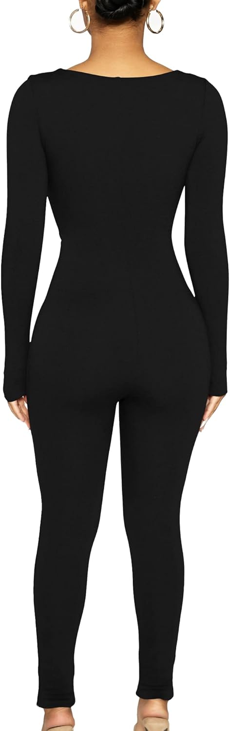 BORIFLORS Women's Sexy Long Sleeve Bodycon One Piece Jumpsuits Club Outfits V Neck Ruched Rompers - Image 5