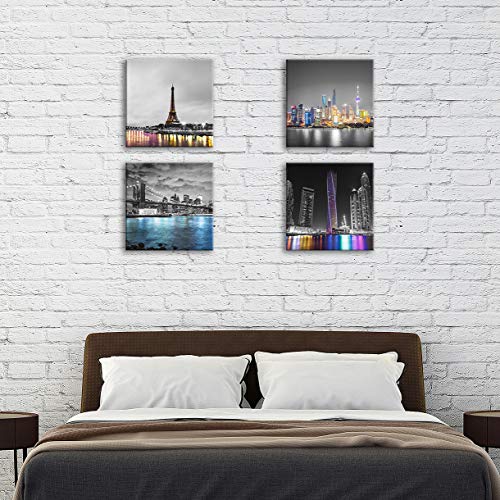 Oreichar Art Cityscape Wall Art Colorful City Lights Canvas Prints Black and White Skyline Painting Picture for Office Bedroom Living Room Decor (12 Oreichar Art Cityscape Wall Art Colorful City Lights Canvas Prints Black and White Skyline Painting Picture for Office Bedroom Living Room Decor (12