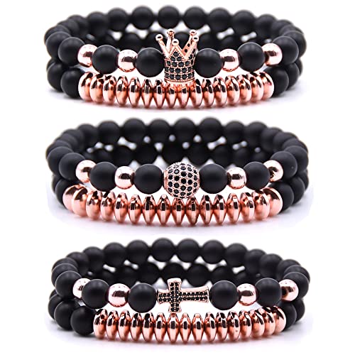 HYHONEY Men Bracelet Zircon Crown King Beads Bracelet For Men Women Mens Bracelet Couple Bracelet Bracelets For Men Beads Elastic Adjustable Cross Bracelet For Women Beaded Bracelets