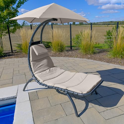 Image of Vivere Original Dream Lounger with 6-Point Umbrella - Durable Spun Polyester, Curved Legs, Spacious Lounging Bed, Perfect for Outdoors & Patio, 74 inch x 41 inch x 84 inch (Cast Silver)