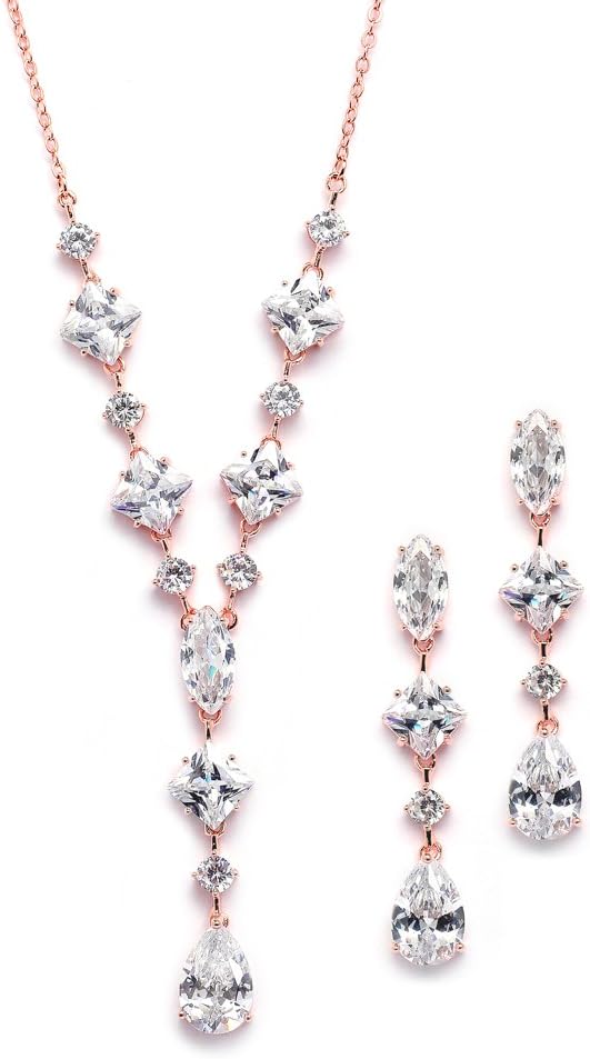 Mariell 14K Rose Gold Plated Cubic Zirconia Necklace & Earrings Bridal Jewelry Set, CZ Crystal Statement Necklace Set for Weddings, Formal Events, Mother of the Bride