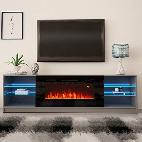 MEBLE FURNITURE & RUGS Boston 01 Electric Fireplace Modern 79\" TV Stand (Gray)