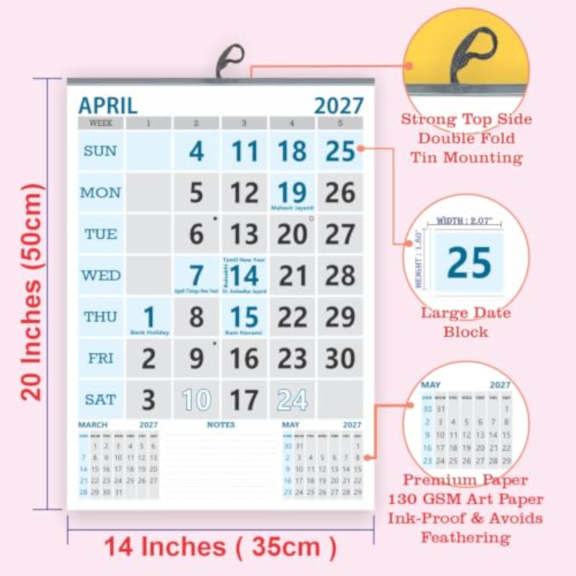 English Wall Calendar 2027, 14x20 inch