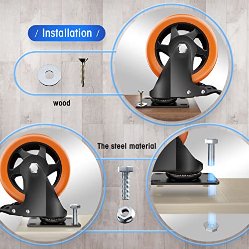Image of 5 inch Swivel Plate Casters, 1400Lbs Capacity with Brake | Orange, 4-Pack, PU Wheels, Double Ball Bearings, Quiet & Non-Marking, for Workbenches