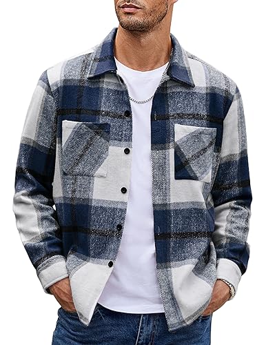 COOFANDY Camisa de Franela de Manga Larga a Cuadros para Hombre Chaqueta Casual a Cuadros con Bolsillos Azul M