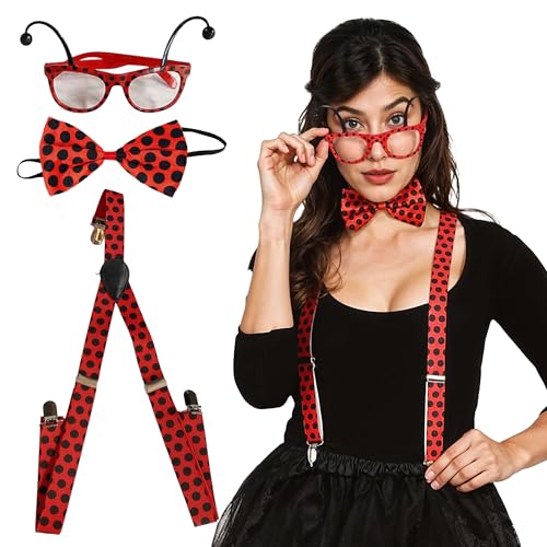 The Fancy Dress Womens 3 Pcs Ladybug & Bumble Bee Costume Set Ladies Animal Dress Up Antenna Glasses Bow Tie Suspenders Braces Outfit Kit For Party Cosplay Halloween Carnival Ladybug Set