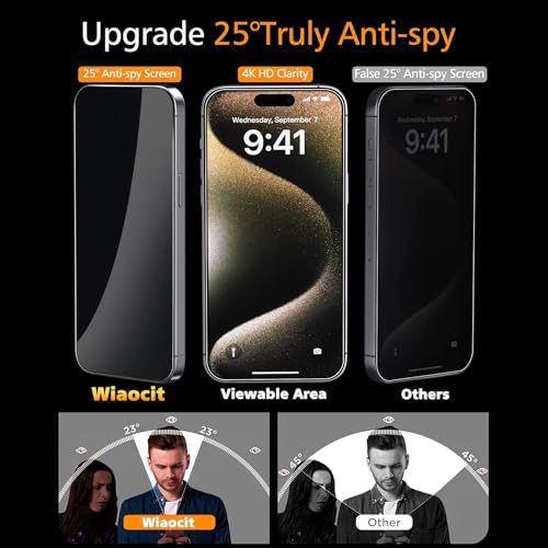 Image of Wiaocit 3 Pack Tempered Glass Privacy Screen Protector for iPhone 15 Pro with 3 Pack Camera Lens Protector, 9H Hardness, Bubble Free, Case Friendly