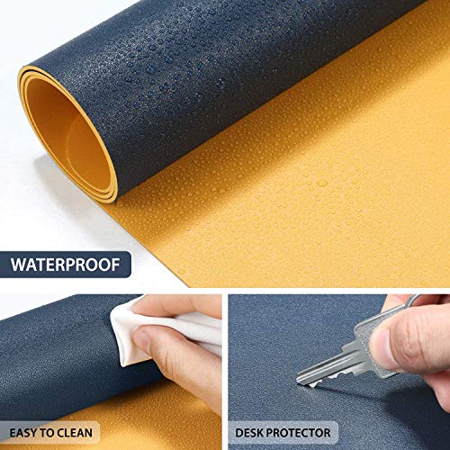 Image of MemeHo Upgraded Leather Desk Pad |Waterproof Desk Blotter Protector | Non-Slip Desk Writing Pad for Office Home (Color Yellow / Dark Blue, Size L70 *W35 cm)