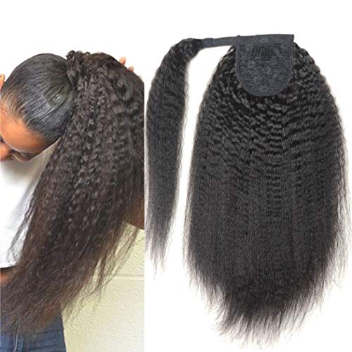 BLUPLE Kinkys Straight Human Hair Ponytail with Wrap Around Double Weft Unprocessed Brazilian Virgin Hair Kinky Yaki Clip in Hair Extensions Natural Color 100g/pcs (16 inch, Kinky Straight)
