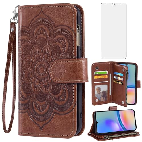 Coque Samsung Galaxy A05s A05 Asuwish Étui Portefeuille Fleur en Cuir avec Verre Trempé