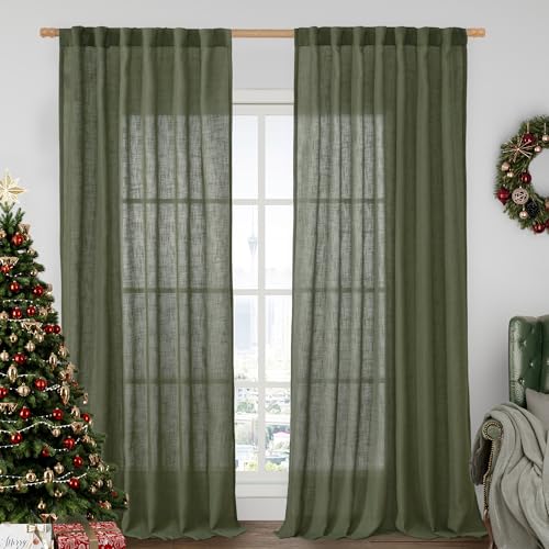 LAMIT Extra Wide Linen Curtains for Bedroom, Olive Green Light Filtering Faux Linen Textured Panels Semi Sheer Back Tab and Rod Pocket Boho Drapes for Living Room, 2 Panels, 60 x 84 Inch