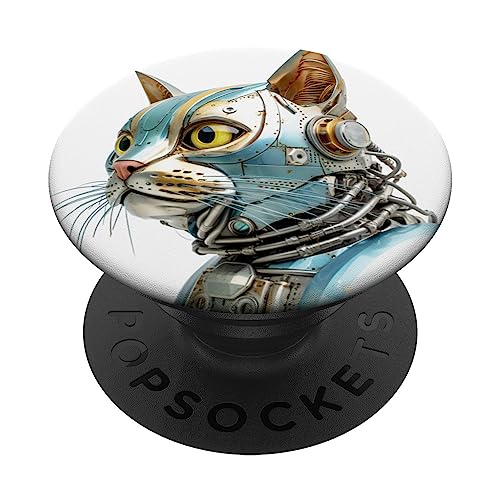 Retro Cyborg Robot Space Cat XVIII PopSockets Swappable PopGrip, Black