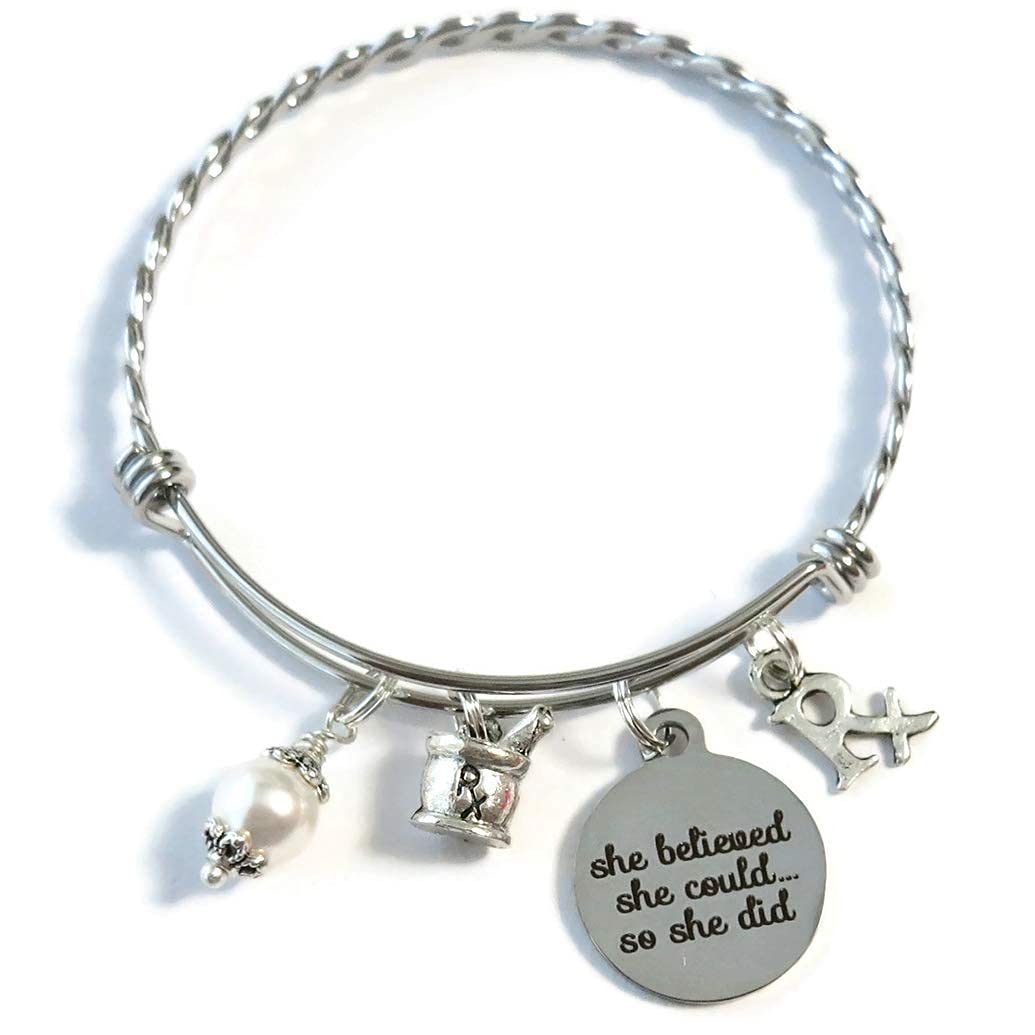 PHARMACIST GRADUATION Gift Bracelet, She Believed She Could So She Did Rx Charm Bracelet, Mortar and Pestle Charm Bracelet, Pharmacy Tech Gift