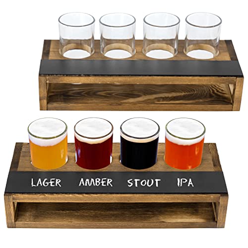 Mygift Rustic Dark Brown Burnt Solid Wood Sampler Tray Beer Flight Holder Serving Set With 4 Glasses And Erasable Chalkboard Label, Set Of 2 #TOP6