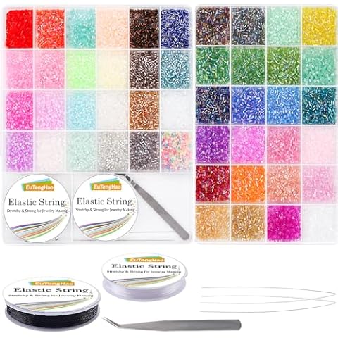 EuTengHao 16800pcs Tube Beads Kit Glass Bugle Seed Beads Small Craft Beads for DIY Crafting Jewelry Making Supplies (3mm, 350 Per Color, 48 Colors) Cover