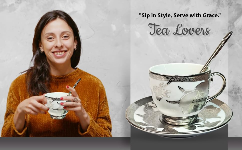 Image of Premium Ceramic Tea Set - 18 PCS | Elegant Gold-Plated Tea Cup Set with 6 Cups, 6 Saucers, 6 Spoons | Ideal for Home, Office, and Parties (Silver)